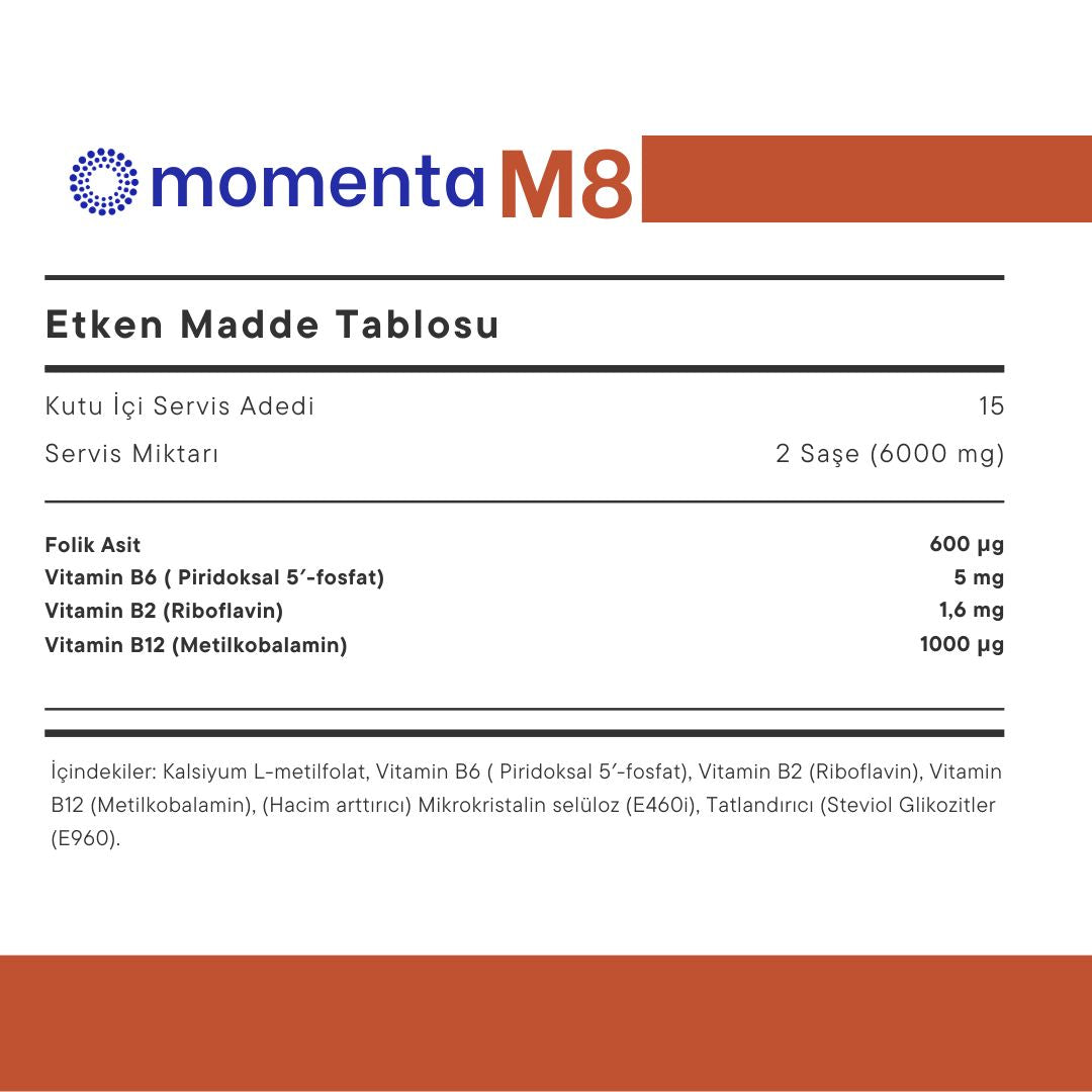 Momenta M8 | Folik Asit, B6, B2, B12 | Sinir Sistemi ve Nörotransmitter Desteği Vitamin Kompleksi-15 Gün 30 Saşe