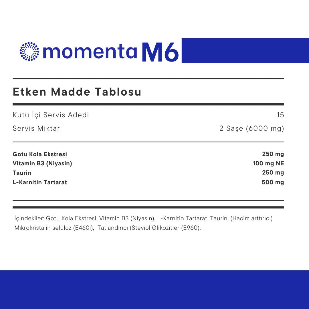 Momenta M6 | Taurin, Niyasin, L-Karnitin | Zihinsel Performans ve Enerji Desteği Kombinasyonu-15 Gün 30 Saşe