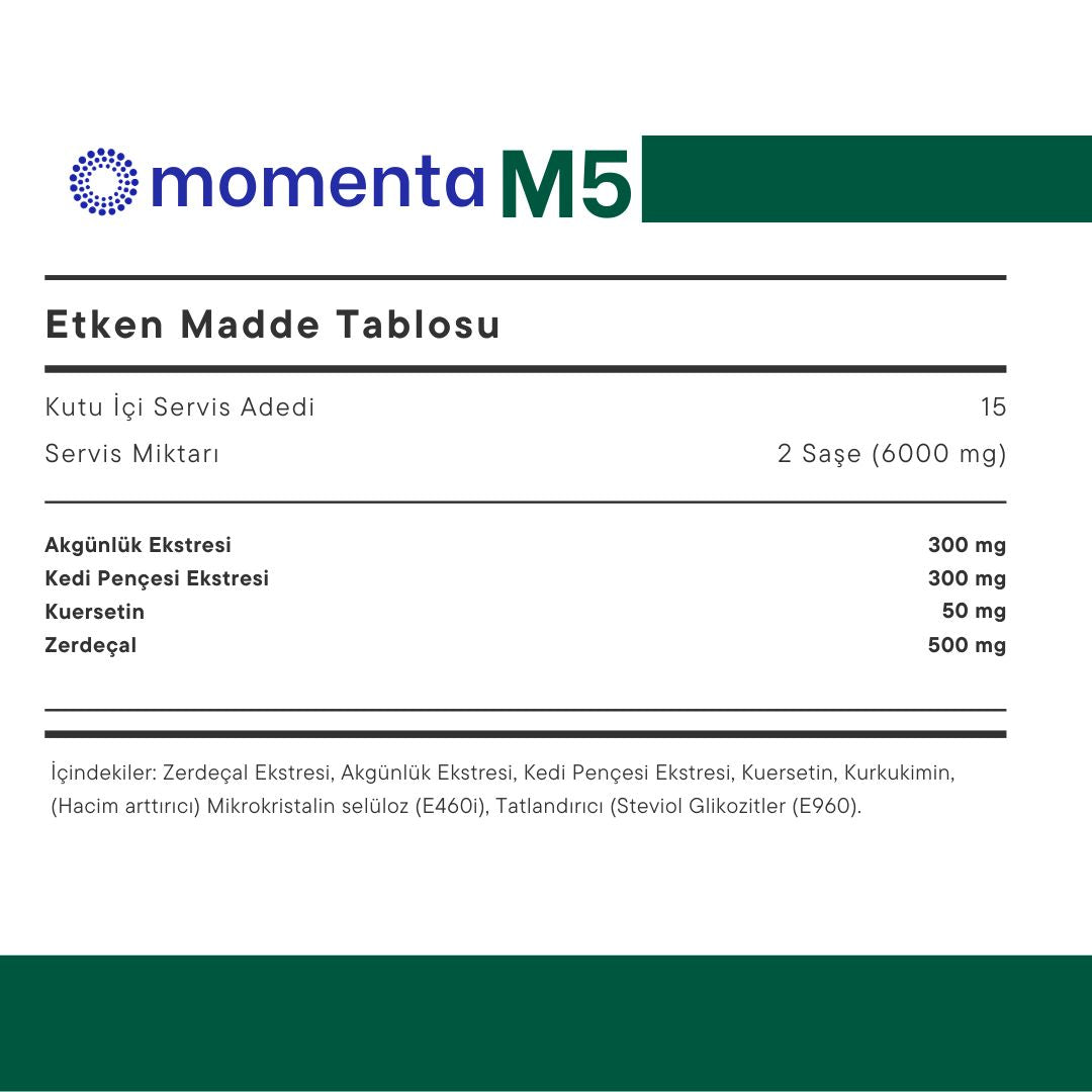 Momenta M5 - 15 Gün, 30 Saşe: Akgünlük Ekstresi, Kedi Pençesi Ekstresi, Kuersetin, Zerdeçal