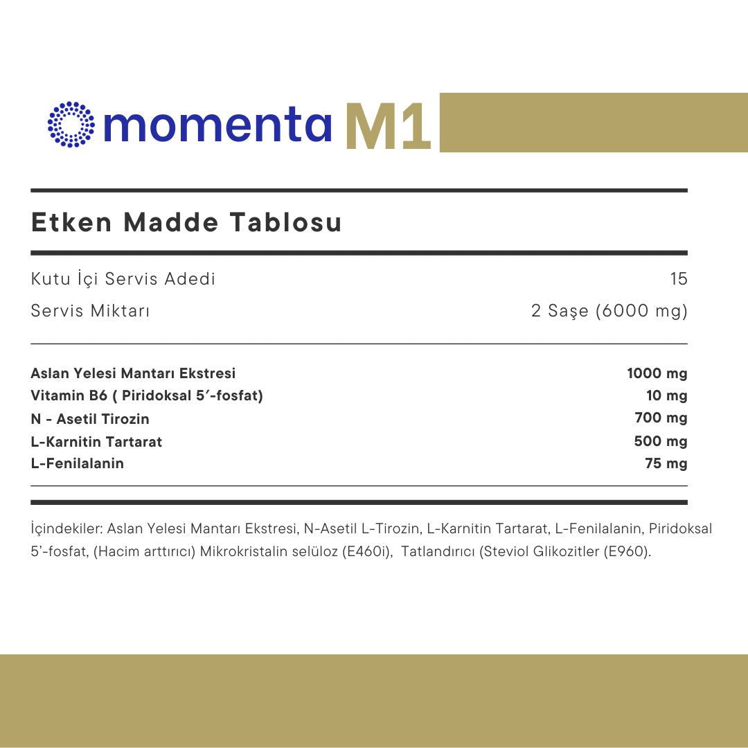 Momenta M1 - 15 Gün 30 Saşe: Aslan Yelesi Mantarı, P-5-P', N-Asetil Tirozin, L-Karnitin Tartarat, L-Fenilalanin